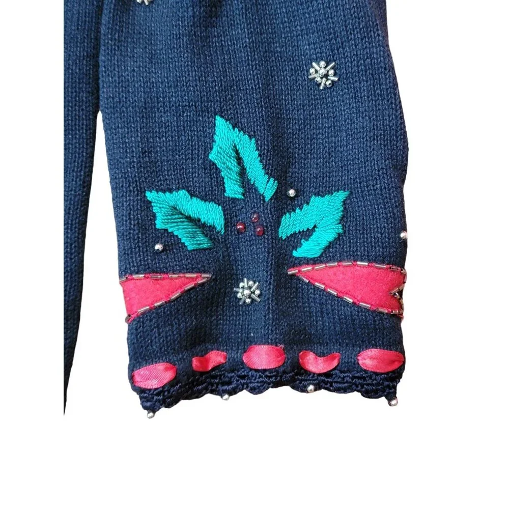 Arriviste Womens Christmas Cardigan Sweater XL Black Button Front Holiday Bows - Picture 4 of 5